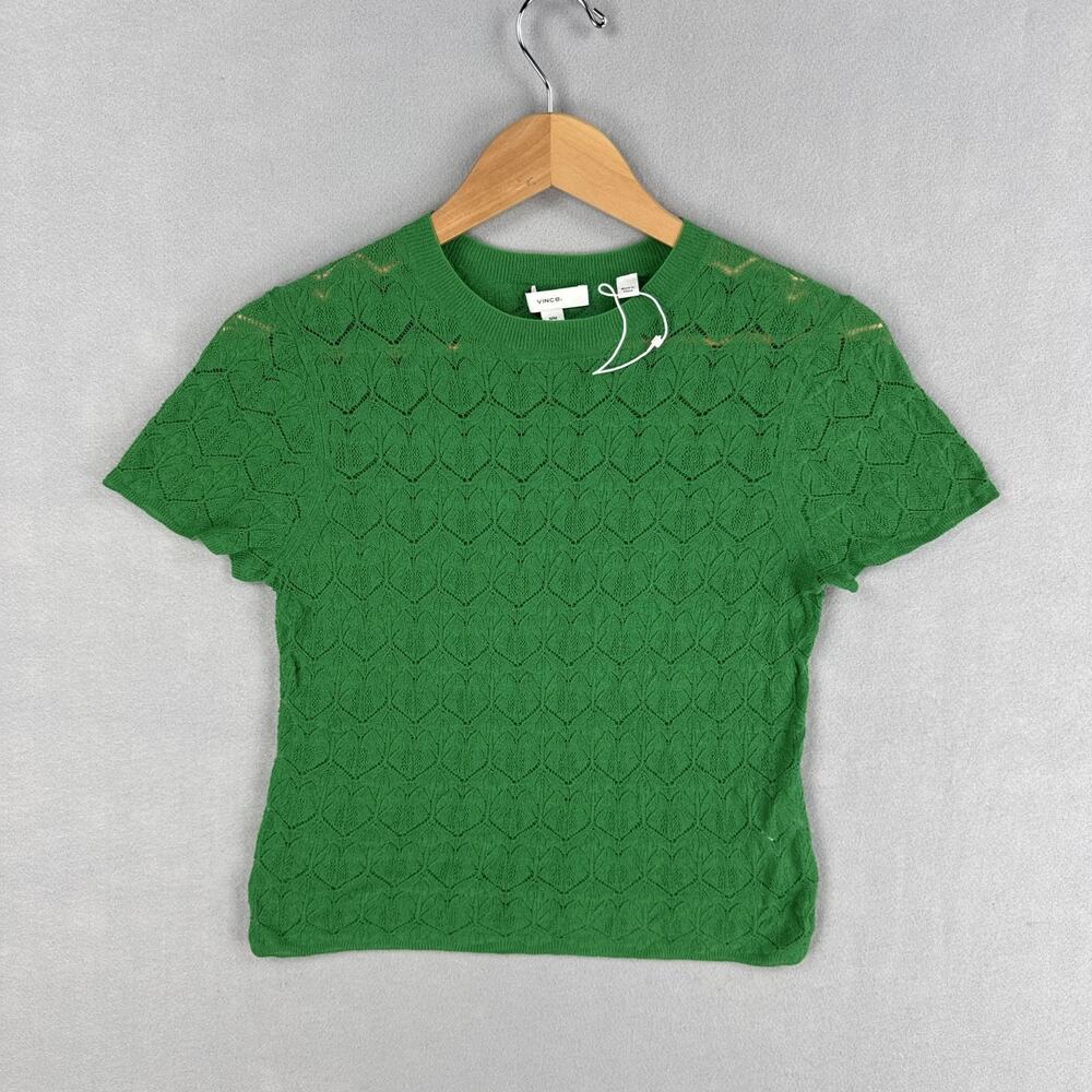 Vince Sweater Size Medium Green Lace Knit Short Sleeve Crewneck Cotton Sheer